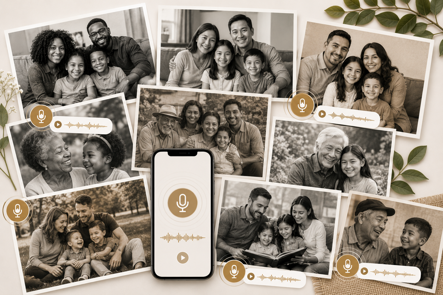 Collage of family photos with voice recording waveforms
